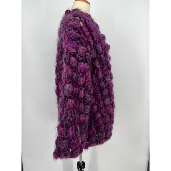 Handmade Mohair 3D Knit Bubble Open Cardigan Sweater Purple Chunky Long Pocket - Picture 4 of 13